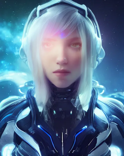 Image similar to perfect android girl on a mothership, warframe armor, beautiful face, scifi, futuristic, galaxy, nebula, raytracing, dreamy, long white hair, blue cyborg eyes, sharp focus, cinematic lighting, highly detailed, artstation, divine, by gauthier leblanc, kazuya takahashi, huifeng huang