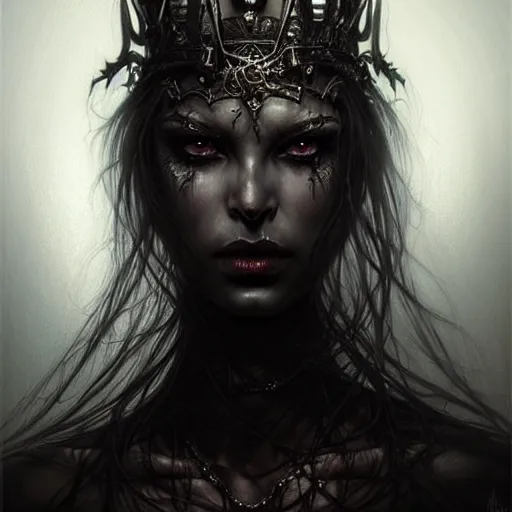 Image similar to portrait of a farie queen grim dark, dark, piercing eyes, exotic expression, esoteric clothing, photorealistic, highly detailed, mysterious lighting, artstation, smooth, sharp focus, art by michael whelan, artgerm, greg rutkowski and luis royo