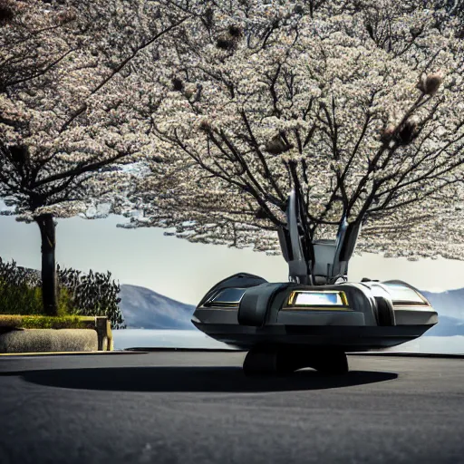 Image similar to a futuristic dieselpunk vehicle fused into hover craft 2 0 8 9 futuristic version, cyberpunk look hovering by mount fuji early in the morning with a few blossom trees around, high quality photo