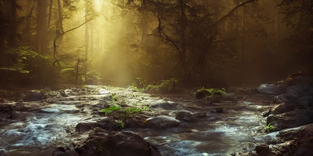 Prompt: A river running through a forest on Mars, cinematic lighting, detailed oil painting, hyperrealistic, 8k