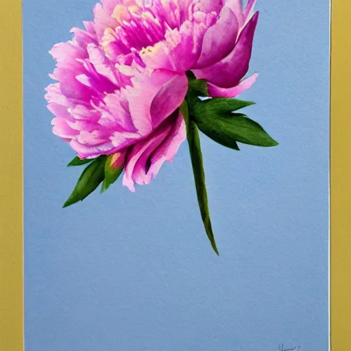 Prompt: a watercolor still life of a pink peony on a blue background