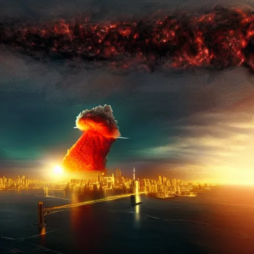 Image similar to nuclear explosion in New York city, very very very detailed, super high quality, UHD, Ray tracing, realistic