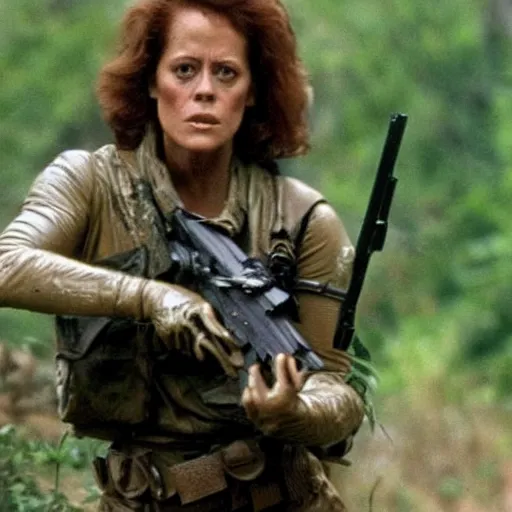 Prompt: film still of a mud - covered sigourney weaver as major dutch holding an assault rifle and hiding behind a rock from the predator in predator 1 9 8 7, hd, 8 k