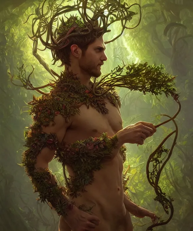 Image similar to a male! spore druid with leaf and vine themed clothing, fully clothed, glowing energy, d & d, fantasy, intricate, cinematic lighting, highly detailed, digital painting, artstation, concept art, smooth, sharp focus, illustration, subject in the middle of the frame, art by artgerm and greg rutkowski and alphonse mucha