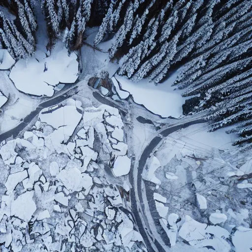 Image similar to aerial perspective frostpunk wood resources, a lot of snow, coast, abandoned