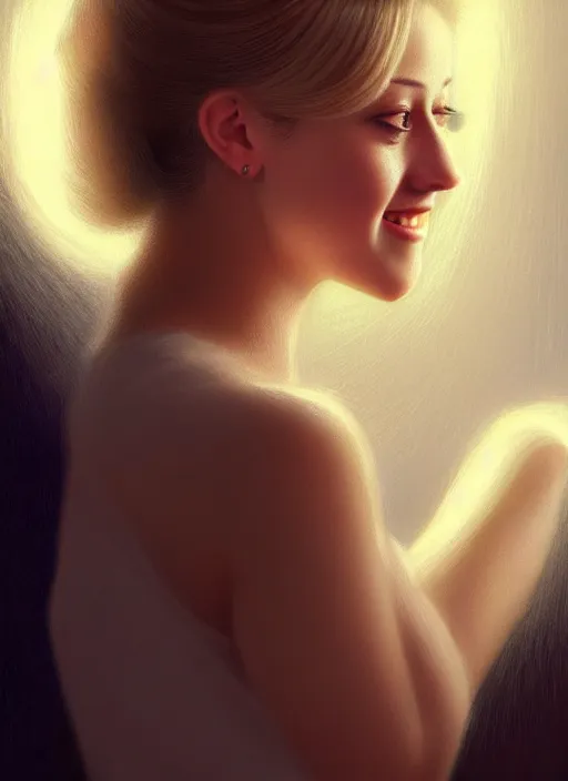 Image similar to portrait of lili reinhart with fluffy bangs, smiling kindly, bangs, 1 9 6 0 s, ponytail, curly bangs and ponytail, rounder face, intricate, elegant, glowing lights, highly detailed, digital painting, artstation, concept art, smooth, sharp focus, illustration, art by wlop, mars ravelo and greg rutkowski