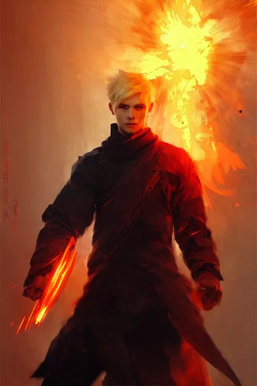 Image similar to character art by ruan jia, young man, blonde hair, on fire, fire powers