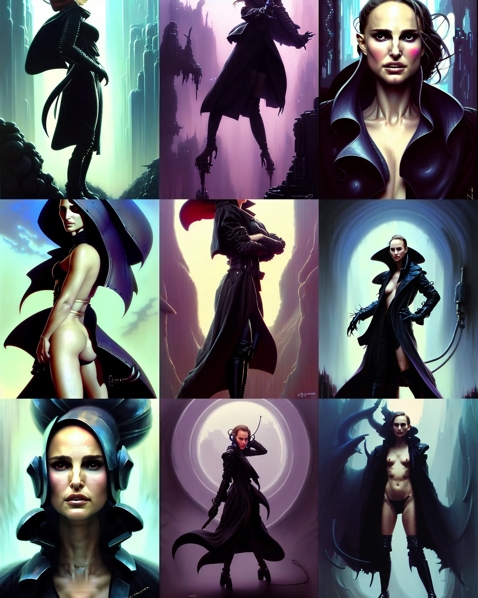 Image similar to beautiful fantasy character portrait, natalie portman, wearing oversized black trench coat, ultra realistic, wide angle, dramatic lighting, vultures, very seductive pose, cyberpunk artifacts, highly detailed by peter mohrbacher, hajime sorayama, wayne barlowe, boris vallejo, aaron horkey, gaston bussiere, craig mullins