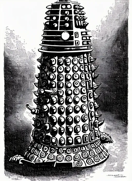 Image similar to a dalek as a d & d monster, pen - and - ink illustration, etching, by russ nicholson, david a trampier, larry elmore, 1 9 8 1, hq scan, intricate details, high contrast, no background