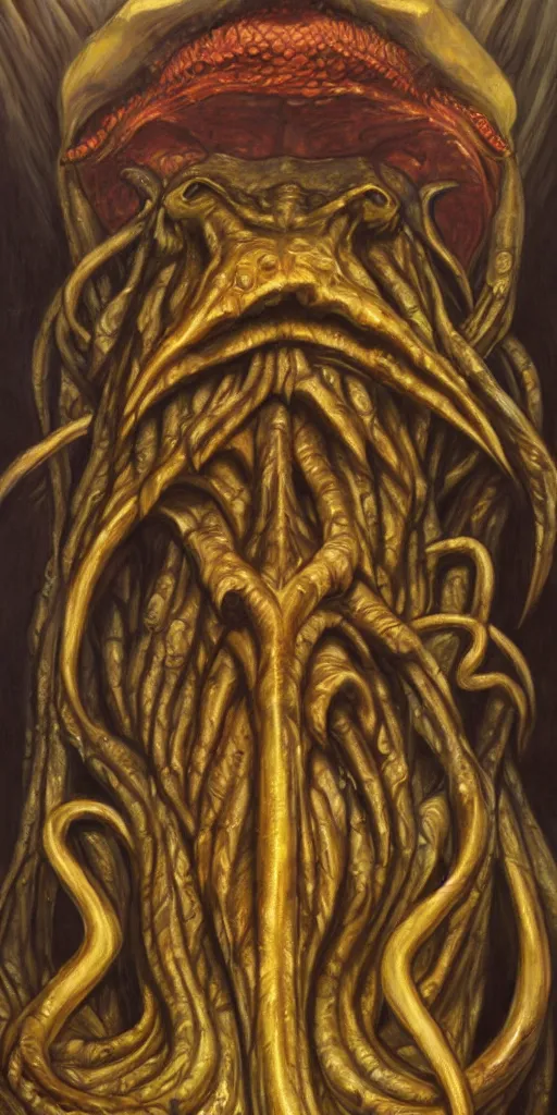 Image similar to a stunning and noble highly detailed portrait of cthulhu by h. r giger and edward hopper, trending on artstation, oil painting masterpiece, symmetry, mysterious, very very very aesthetic