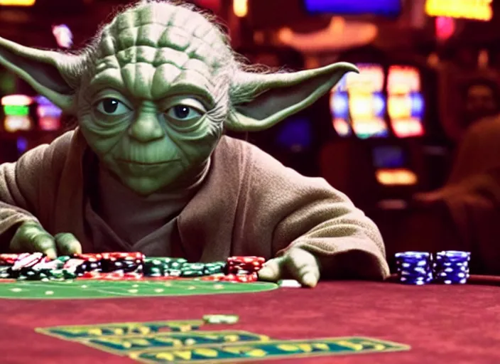 Image similar to film still of yoda gambling in Vegas in the new Star Wars movie, 4k