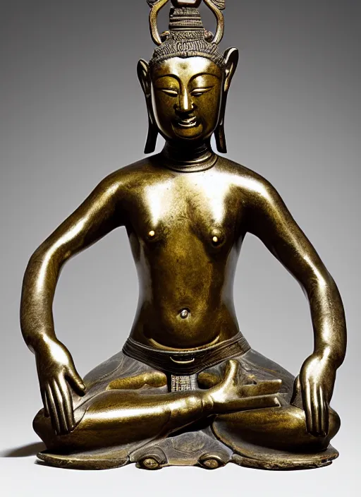 Image similar to photo of a magnificent gilt-bronze seated figure of bodhisattva, anthropomorphized asian black bear, head of an asian black bear, Early Ming dynasty, late 14th-15th century, studio lighting