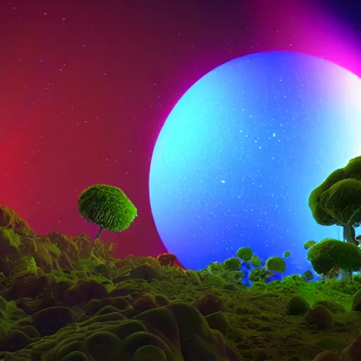 Prompt: an alien colorful planet into deep space, stunning bioma, bioluminescent vegetation, 8 k ray tracing render, ray tracing global light