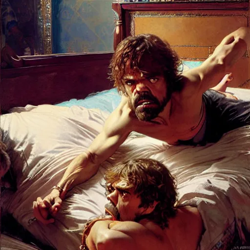 Image similar to peter dinklage is in his bed, nervous and terrified, because a kevin bacon is attacking him. highly detailed painting by gaston bussiere, j. c. leyendecker, greg rutkowski, craig mullins 8 k