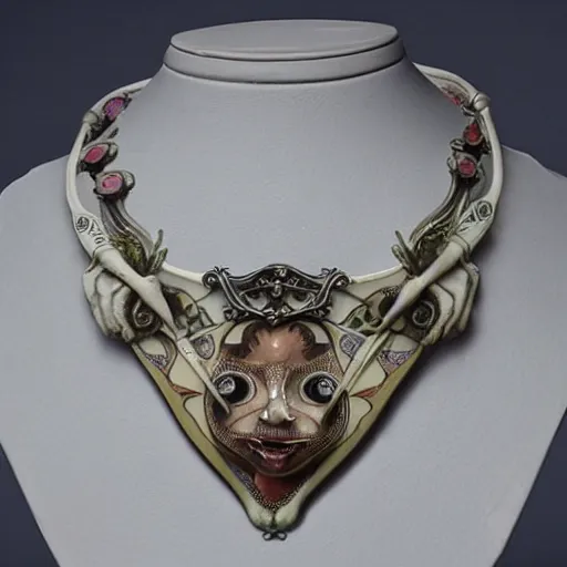 Prompt: artnouveau American mcgee's alice creepy necklace made by René lalique or Alfons mucha