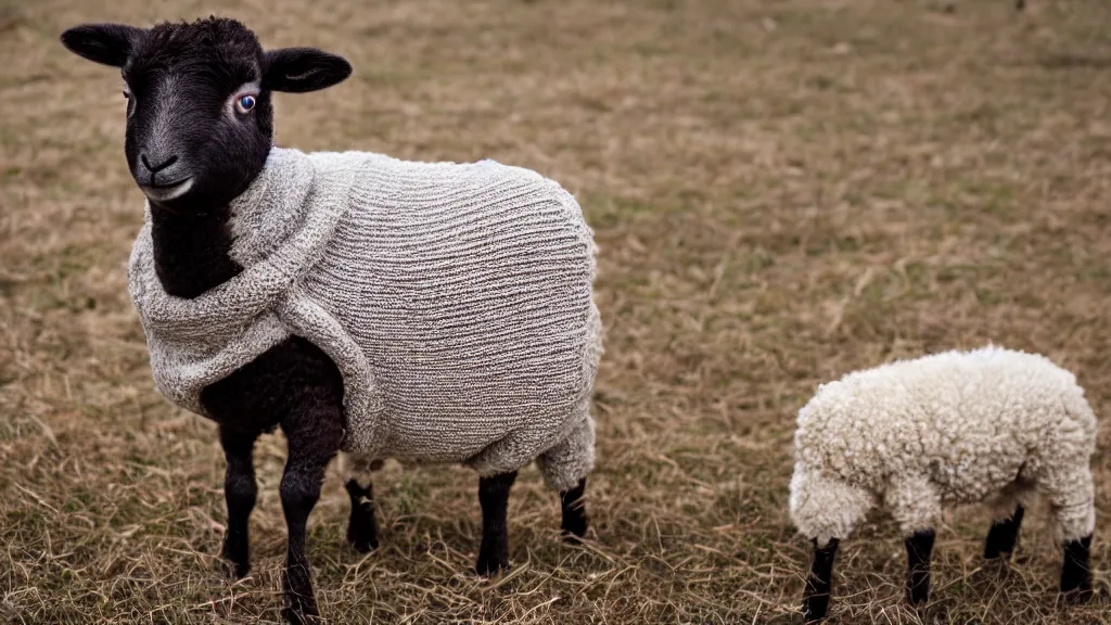 Image similar to lamb wearing a sweater, upper body shot, canon eos r 3, f / 1. 4, iso 2 0 0, 1 / 1 6 0 s, 8 k, raw, unedited, symmetrical balance, in - frame