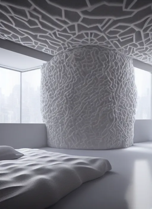 Prompt: white zen loft - penthouse made of corals well contoured smooth fair walls, up close shot, sharp focus, global illumination, radiant light, alexandre ferra white mecha, irakli nadar, octane highly render, 4 k, ultra hd,