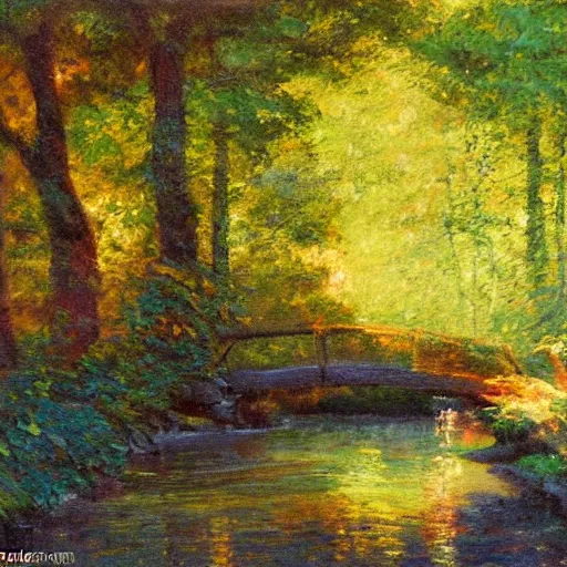 Prompt: a small bridge going over a narrow river stream in a summer forest, Impressionism painting, dramatic, sunlight rays