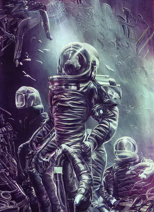 Image similar to astronauts in dark and empty void underwater poster - complex and hyperdetailed technical suit. go pro selfie. reflection and dispersion materials. rays and dispersion of light. volumetric light. wide lens, f / 3 2. noise film photo. flash photography. poster by wayne barlowe, hajime sorayama aaron horkey, craig mullins
