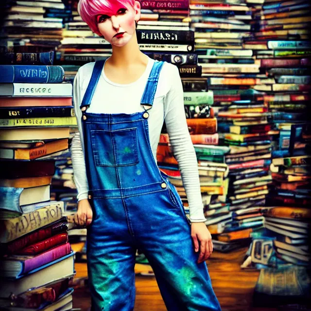 Image similar to full body pose, beautiful adult book fairy, pixar, short white hair shaved sides, dirty, grungy, grunge, long sleeve, painted overalls, stacks of giant books, highly detailed, 4 k, hdr, smooth, sharp focus, high resolution, award - winning photo, artgerm, photorealistic