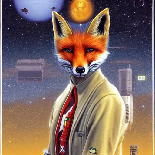 Image similar to a portrait of fox mccloud by peter elson, furry art, with a sci fi city background by syd dutton