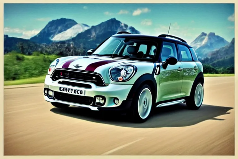 Image similar to “Poster of Mini Cooper Countryman Hybrid. Retro style.”