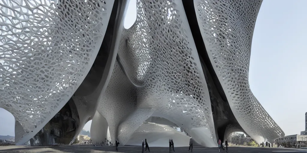 Image similar to knitting gold arch by zaha hadid architecture by giger alien