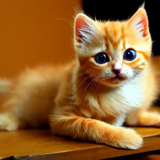 Prompt: happy cute fluffy orange tabby kitten, big eyes