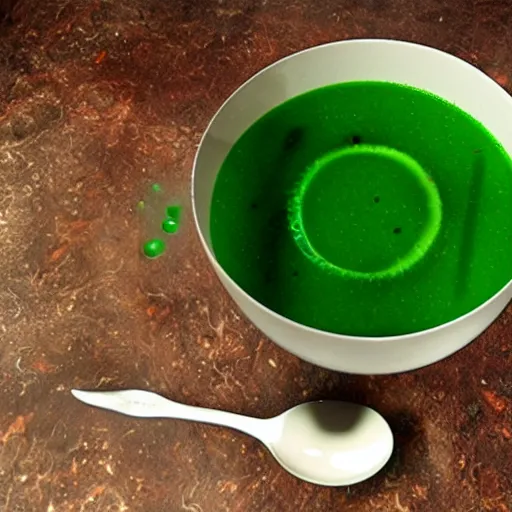 Image similar to brewing violent bubbling green fluid universe soup, green steam rising from soup