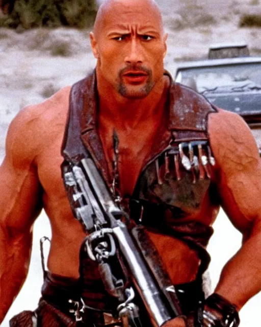 Image similar to film still close up shot of dwayne johnson in the movie mad max 2 the road warrior. photographic, photography