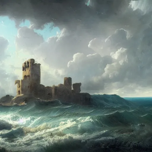 Prompt: Panorama view of a hurricane carrying ruined pieces from an ancient castle into the sky, flying island, oil painting, by Greg Rutkowski