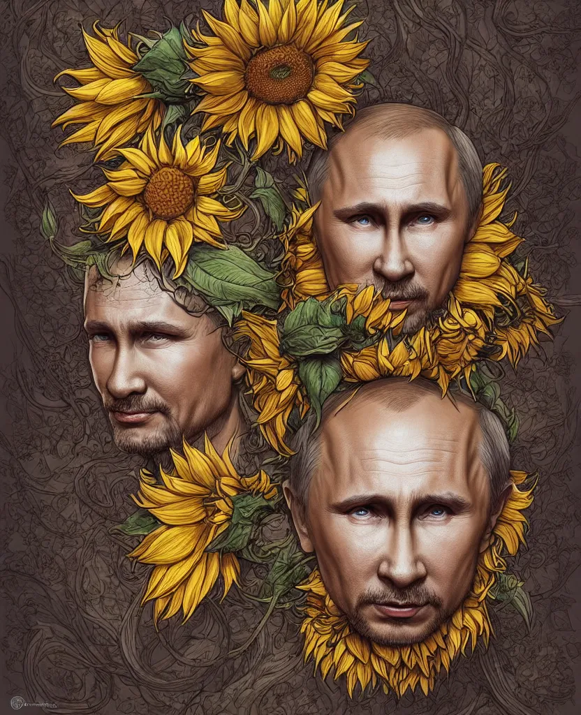 Image similar to digital art, centered full body of Putin smiling king, Sunflower crown, ,intricate, veins, by James Jean and by artgerm , by ross tran ultradetailed, charachter design, concept art, trending on artstation,