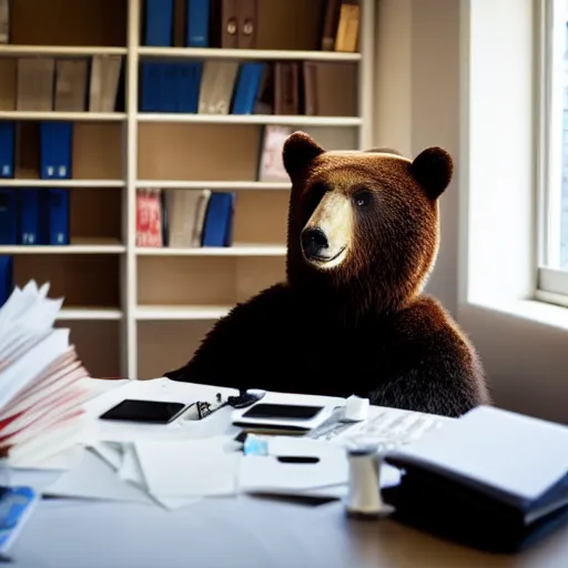 Image similar to tired bear at office, head leaning on paw with elbow on table, piles of paperwork