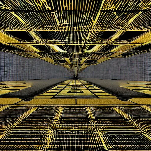 Image similar to minimalistic procedural chaotic pattern of 3 d hexadonal scifi architecture, reflective black and gold, inspired by deus ex human revolution, render in octane