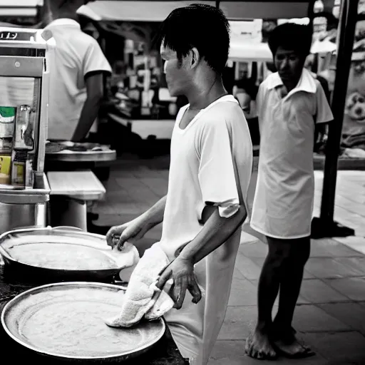 Image similar to a photograph of pikachu, with a towel over his neck, flipping roti prata at a hawker stall in singapore, nikkor 3 5 mm f / 4. 5, press photography