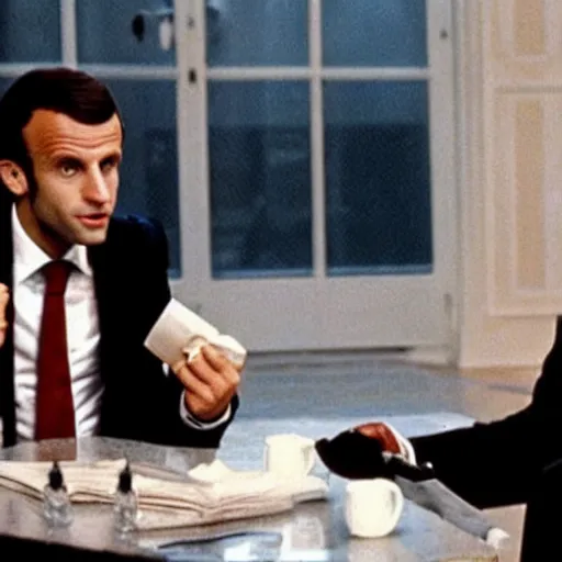 Image similar to Emmanuel Macron doing his morning routine in American Psycho (1999)