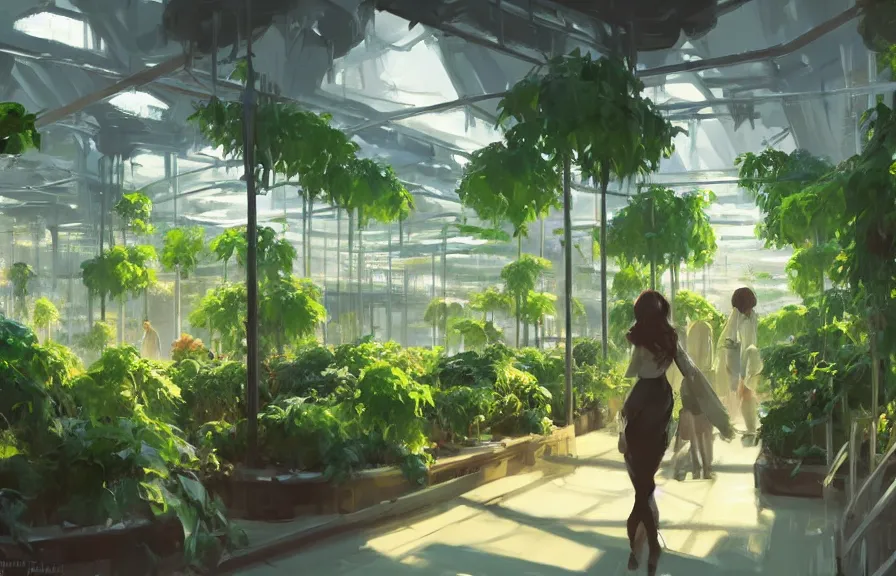 Prompt: greg manchess concept art of a lush indoor hydroponics lab in a far - future utopian city, key visual, ambient lighting, highly detailed, digital painting, artstation, concept art, sharp focus, by makoto shinkai and akihiko yoshida and hidari and wlop