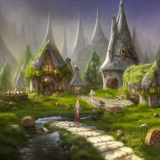 Prompt: A small elven village with elegant architecture in an open field, a winding white pathwalk and a small brook running through, clear blue skies in the background, sunsetting color, octane rendering, oil painting, mind-blowing detail, photoreaistic, trending on artstation, trending on deviant art, intricate, elegant, digital painting, saturated colors, smooth, sharp focus, art by artgerm and Todd Shorr