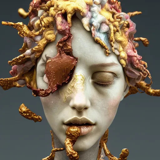 Prompt: Cinestill of A heartbreaking realistic 8k Bernini Sculpture of a stunning intricate cracked multicolored milky cosmic marble Evangelion Fallen Angel Devil Queen. sentient mycelium and misty xparticles. by Yoshitaka Amano, Daytoner, Greg Tocchini,. . Scattered golden flakes, Hyperrealism. Subsurface scattering. Octane Render. Weirdcore