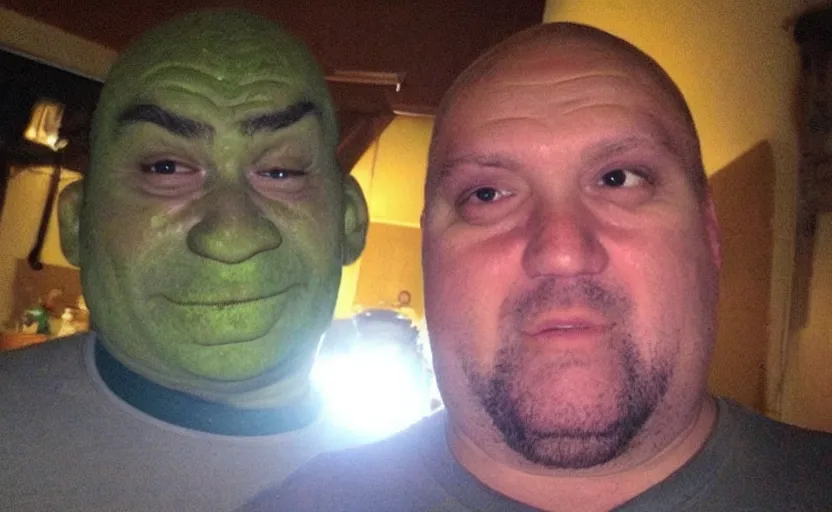 Image similar to my uncle that look like shrek if he was real accidentally taking a selfie, front camera, camera flash is so bright in his face, viral, selfie, viral on twitter, viral on instagram, viral photo