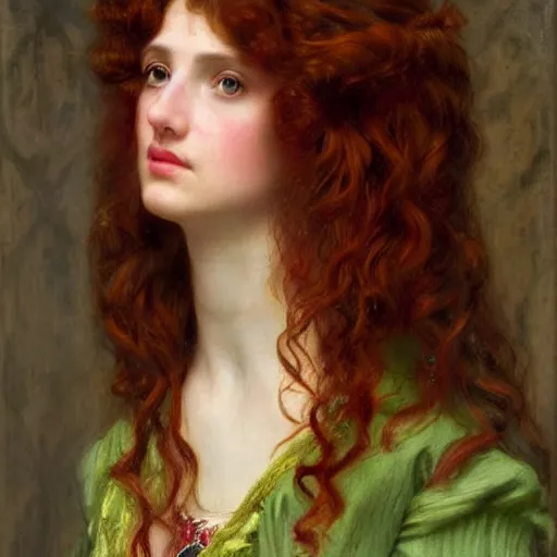 Prompt: a portrait of a beautiful girl with bright red curly long hair and green eyes, with a pretty baroque frame and a devoted posture, she is facing left but her eyes are looking at the viewer, in the style of lawrence alma - tadema, extremely detailed, golden ratio, 8 k