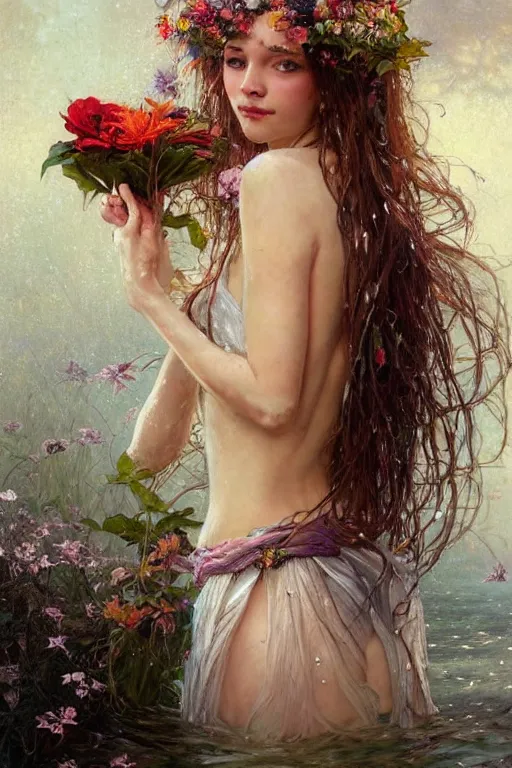 Prompt: portrait of a beautiful mysterious woman holding a bouquet of flowing flowers, wet dripping long hair, hands hidden from view, emerging from the water, fantasy, regal, intricate, by stanley artgerm lau, greg rutkowski, thomas kindkade, alphonse mucha, loish, norman rockwell