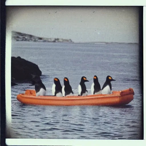 Prompt: Grainy polaroid of penguins driving a lifeboat