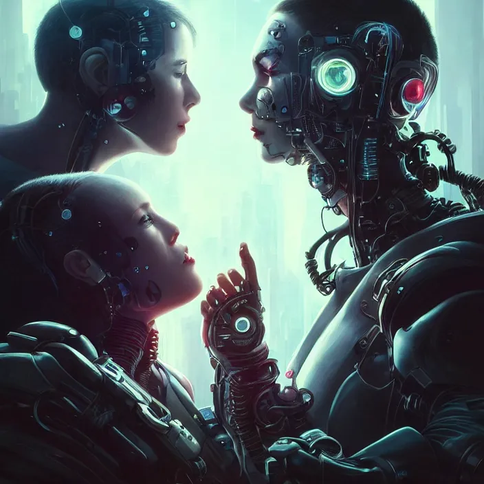 Image similar to ultra realistic medium shot of a couple of cyborgs kissing, lovers, cyberpunk, sci - fi, fantasy, kodak, colour led, soft light, volumetric lighting, night, intricate, highly detailed, digital painting, concept art, smooth, sharp focus, illustration, art by artgerm and greg rutkowski and alphonse mucha