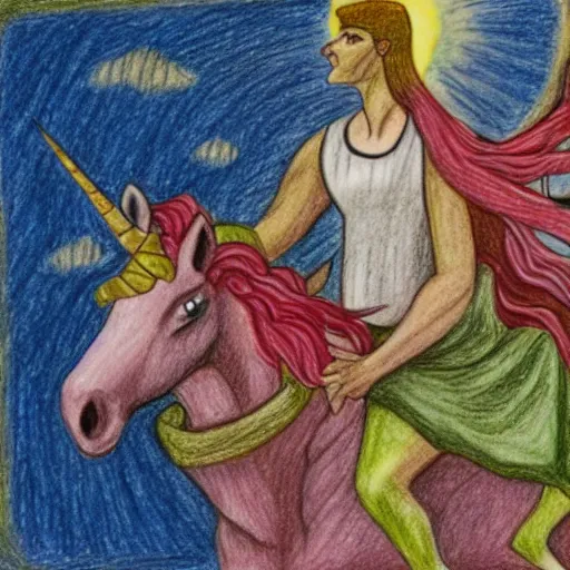 Prompt: A drawing of Julius Caesar riding a unicorn, colored pencil art,