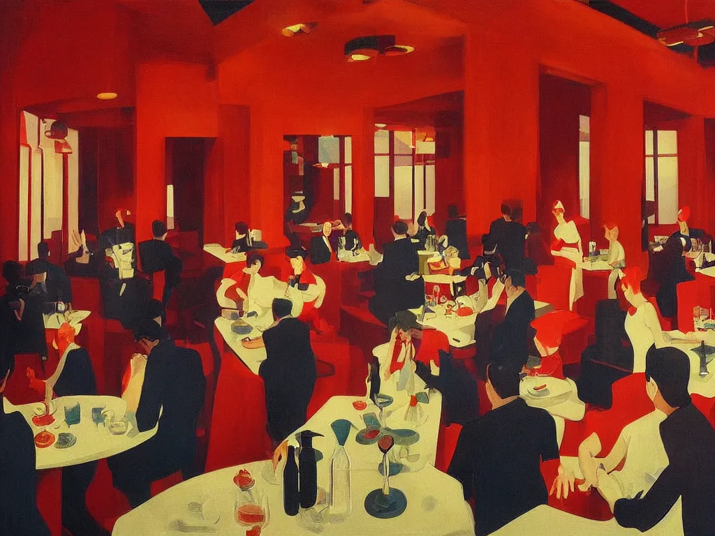 Prompt: red people with headclouds at gold art deco restaurant, open ceiling, highly detailed, painted by Edward Hopper, painted by James Gilleard, surrealism, airbrush