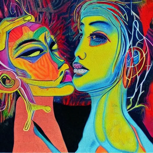 Image similar to beautiful painting of two bizarre psychedelic women kissing each other closeup in japan 1 9 7 0, speculative evolution, mixed media collage by basquiat and alex grey, magazine collage art, sapphic art, lesbian art