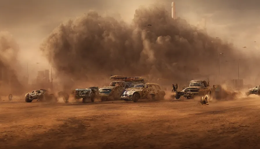 Image similar to london in mad max, sandstorm, trucks racing, smoke bombs, hyperdetailed, artstation, cgsociety, 8 k