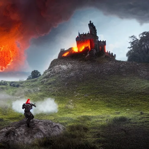 Image similar to a knight going to jump to get on dragons back as fire inflames the ground beneath him, with castle in distance, stormy, raining, 4 k, hd, realistic