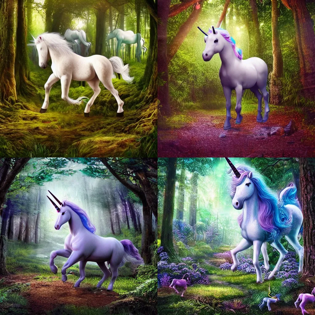 Prompt: A unicorn in a magical forest, photo, hyperrealistic, extremely detailed